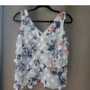 A New Day Sheer Women's Floral Print Tank Top V-Neck Sz Med White Blue Orange